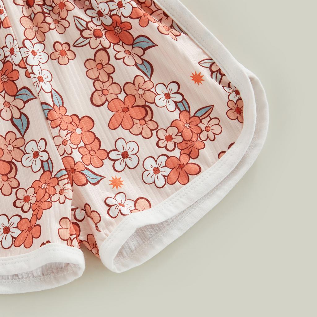 Toddler Baby Girl Summer Jumpsuit, Cartoon Flower Print Sleeveless Sling Tie-Up Shorts Romper