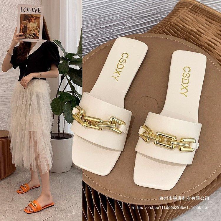 35-42 large size cool slippers women's 2021 summer new one-character metal chain outer wear fashionable blue black