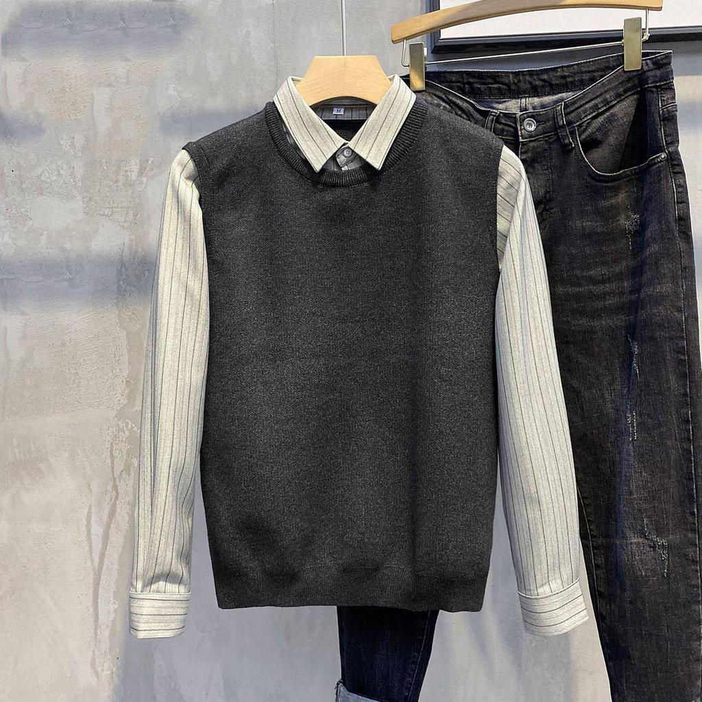 Men's Slim Retro Knitted Sweater with Shirt Collar - Autumn & Winter Trend