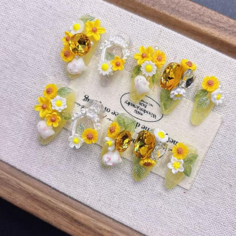 Handmade Short Length Press-On Nails With Cute Yellow Moon Rabbit Design Women Girls Natural Look Wearable Art
