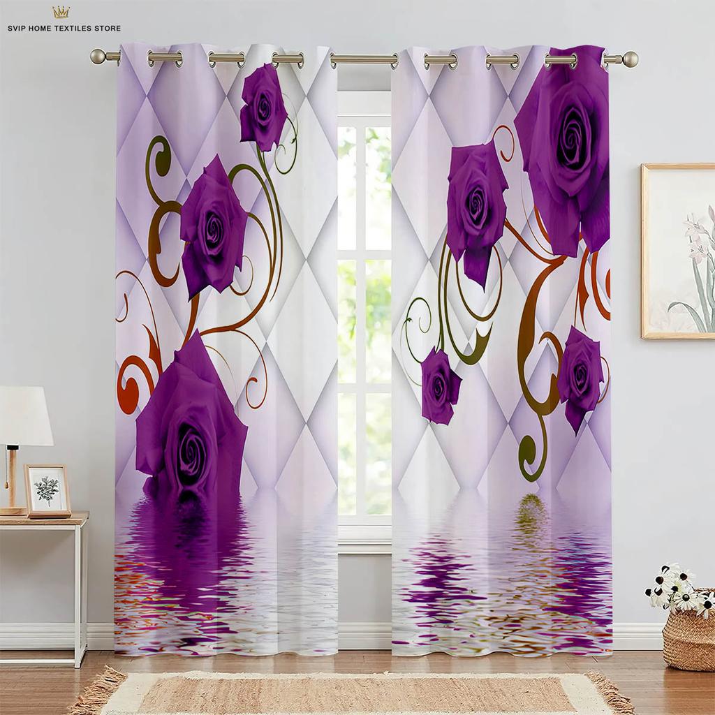2pcs Butterfly 3D Stereo Flower Printing Curtain Rod Pocket Bedroom Living Room Kitchen Decorative Curtain Easy To Wash and Care
