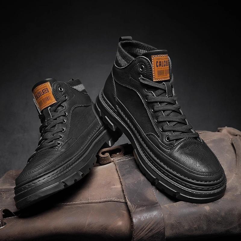 High-top autumn new leather shoes casual black Martin boots velvet cotton shoes trendy shoes
