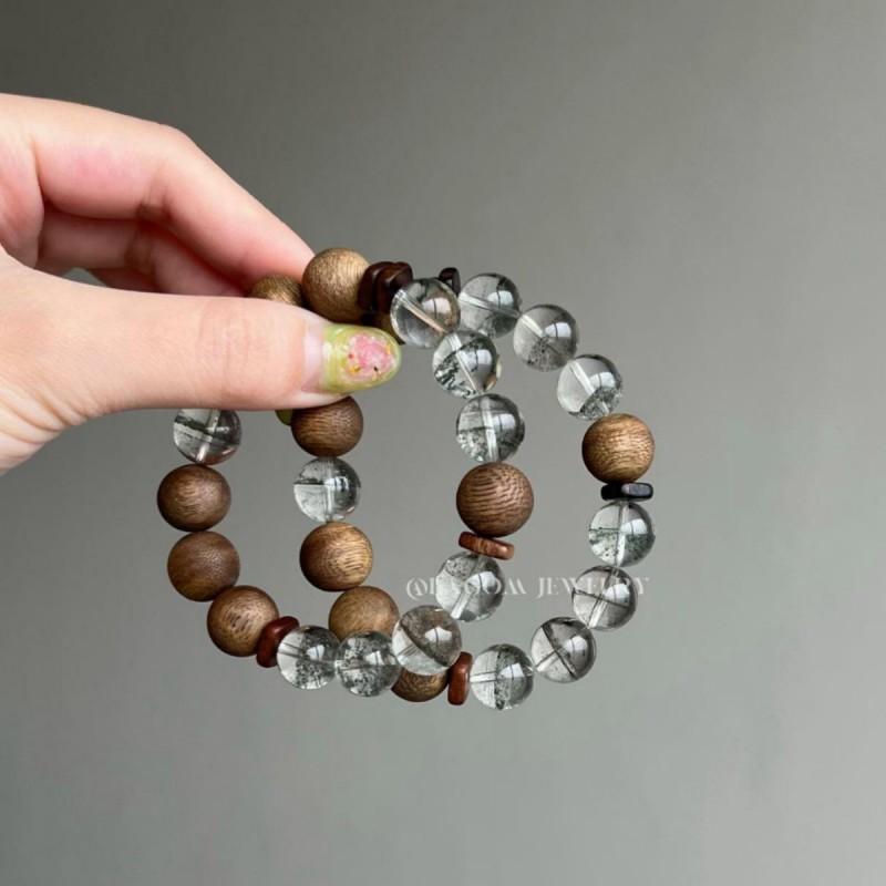 Natural Green Phantom Crystal Bracelet With Agarwood Spacers Vintage Style Jewelry Women