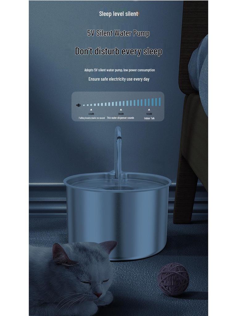2.2L Stainless Steel Pet Water Fountain with Multi-Stage Filtration & Ultra-Quiet Continuous Flow for Cats