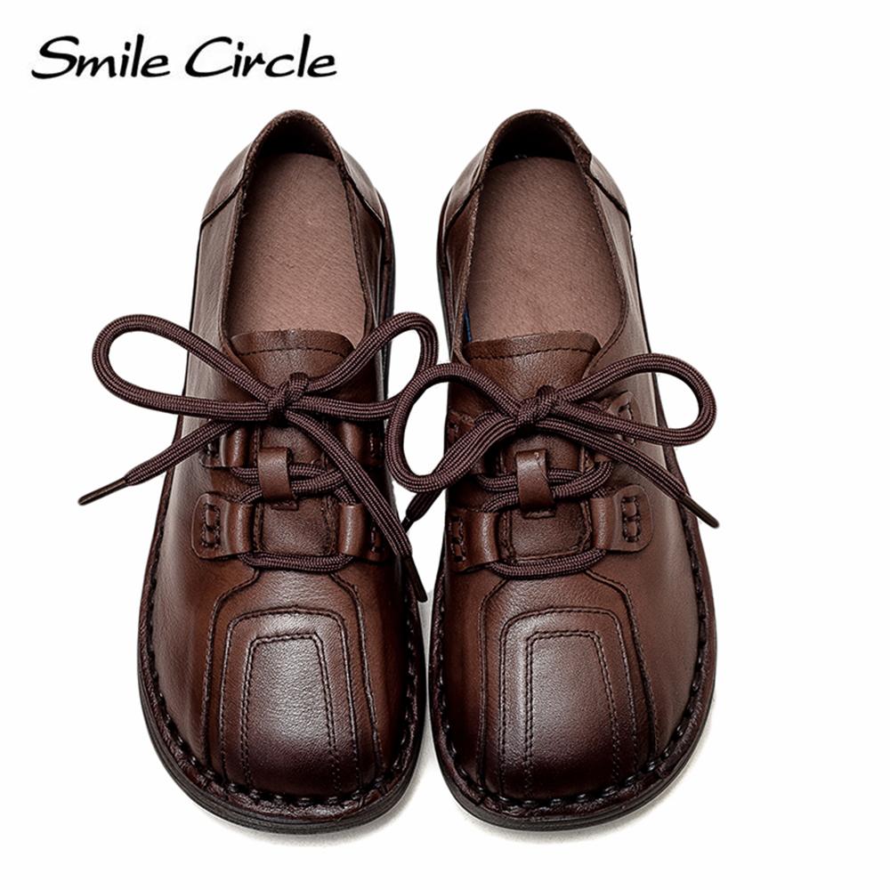 Natural Leather Women's Flat Shoes Lace-up Round Toe Casual Shoes Fashion Retro Work Shoes