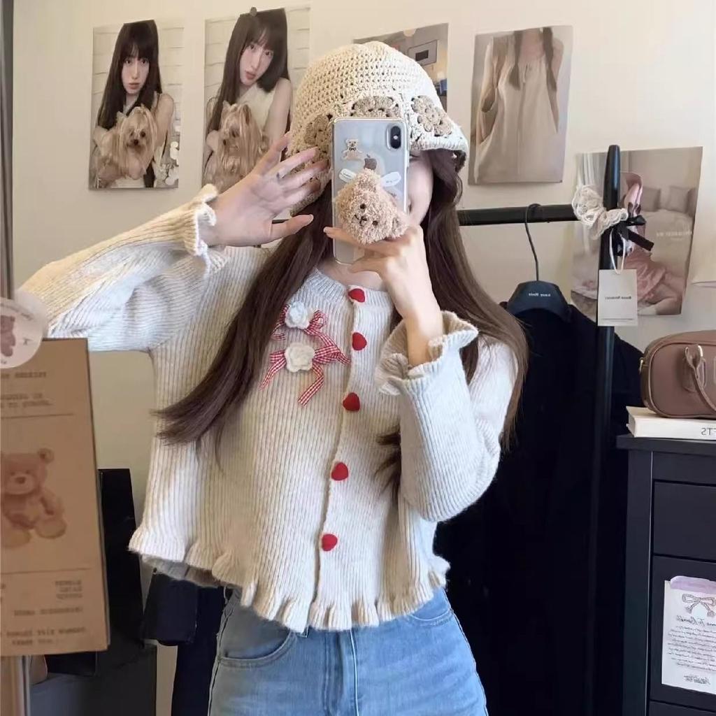 French Girl's Bow Knit Knit Knit Sweater for Women's Spring 2025 New Design Ear Cardigan Sweater Outerwear, Top