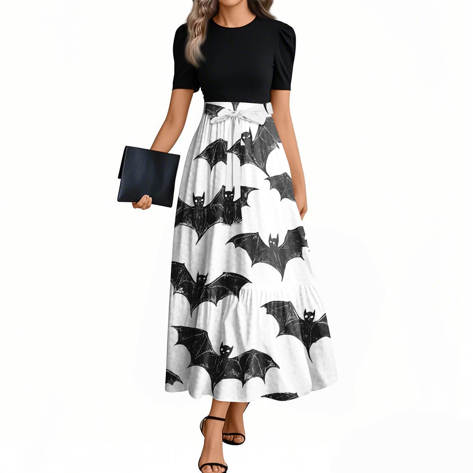 

Женское модное повседневное платье с поясом, с коротким рукавом, круглым вырезом и элегантным принтом на Хэллоуин S