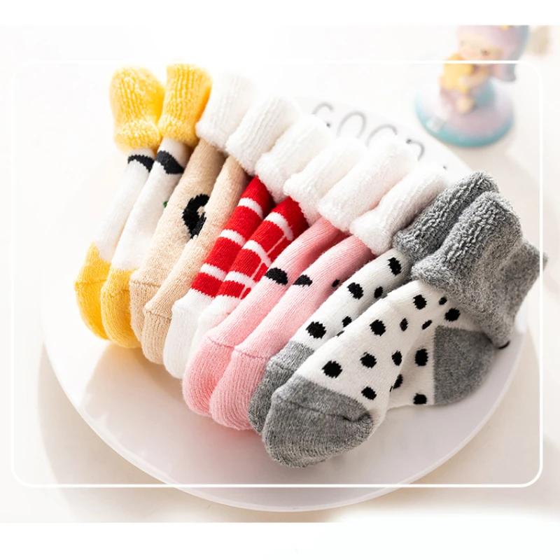 5 Paar Herbst Winter Warme Streifen Babysocken Niedliche Cartoon Punkt Dicke Säuglings Boden Socken Weiches Sternmuster Neugeborene Kleinkind Socken