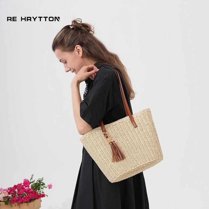 New tassel straw woven bag shoulder vegetable basket woven bag women's bag large capacity portable tote bag vacation beach bag