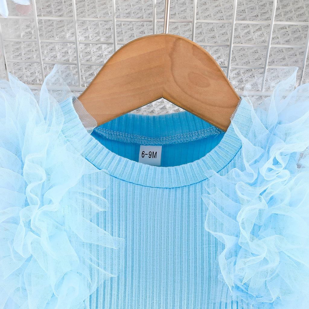 Sweet Sky Blue Girls Mesh Sleeve Top Bowknot Half Skirt Set