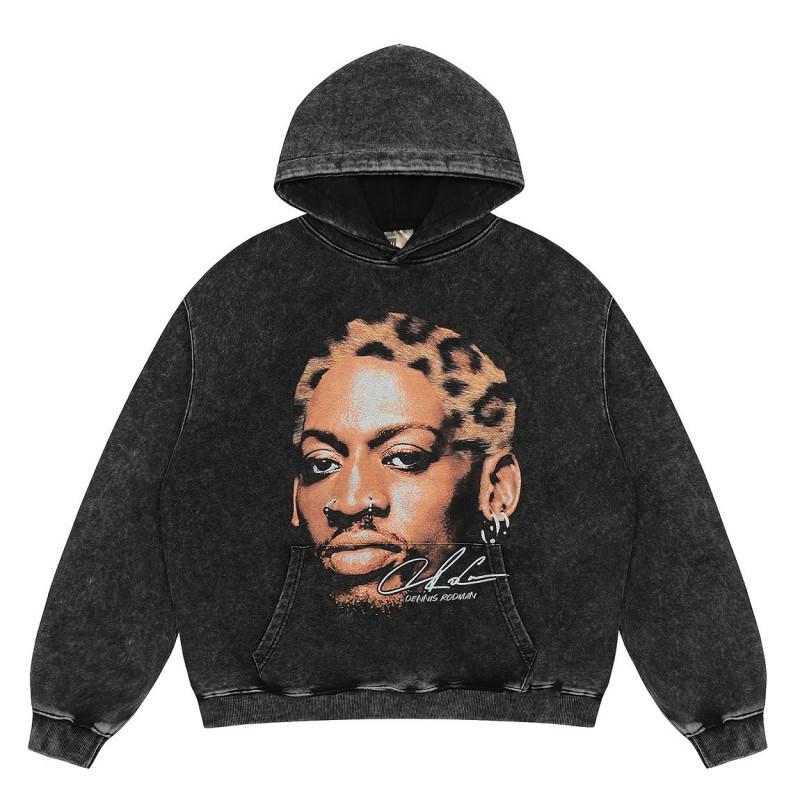 Mens Vintage Washed Hoodie With Distressed Graphic Print Loose Fit Cotton Pullover Fall Casual Wear