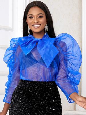 Organza Tops for Women O Neck Bowtie See Through Blouse Sexy Party Clubwear Evening Pullover Shirts