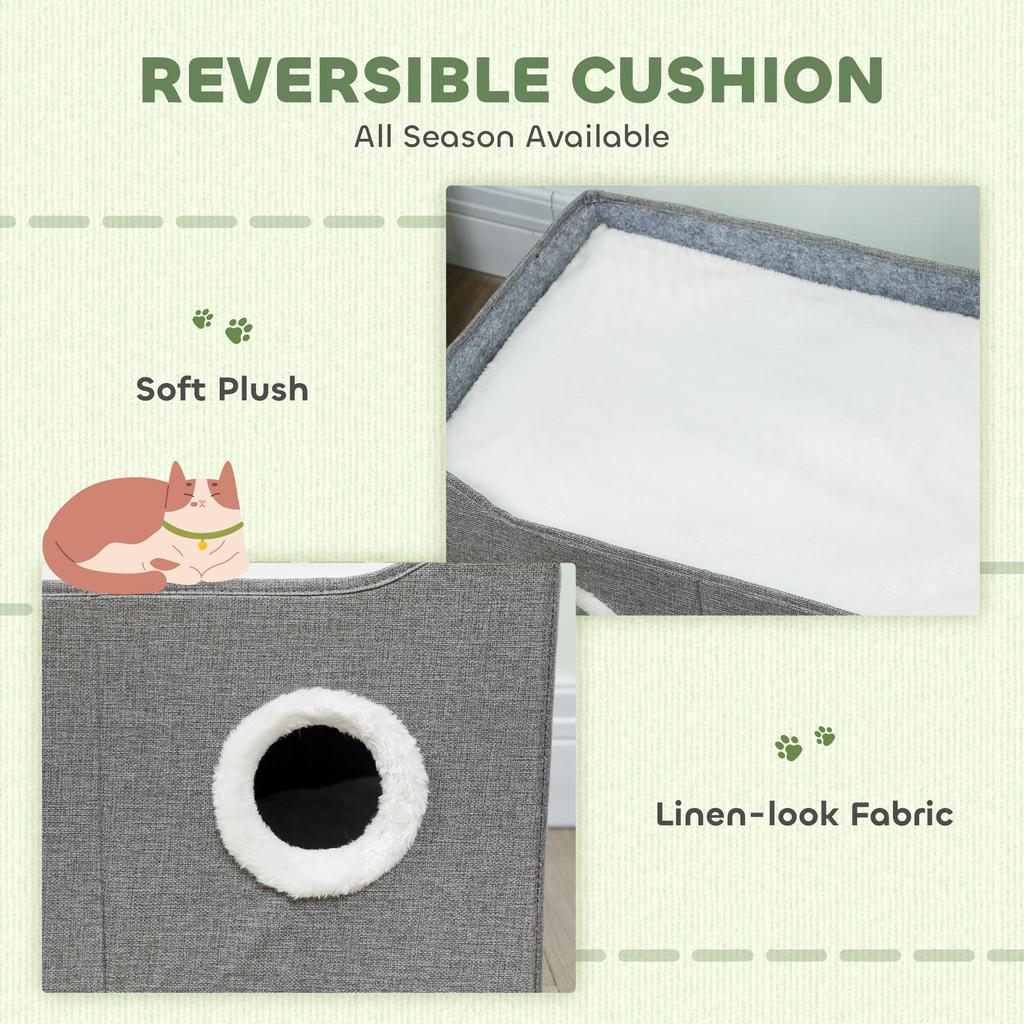 Cat Bed for Indoor Pets, Foldable Cat House with Fluffy Ball and Scratch Pad for Small and Medium Pets, Grey