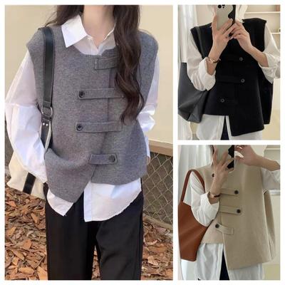 Preppy Style Sweater Vest Women V Neck Solid Autumn Fashionable Button Design Female Leisure Knitwear Soft Sweetwear Korean