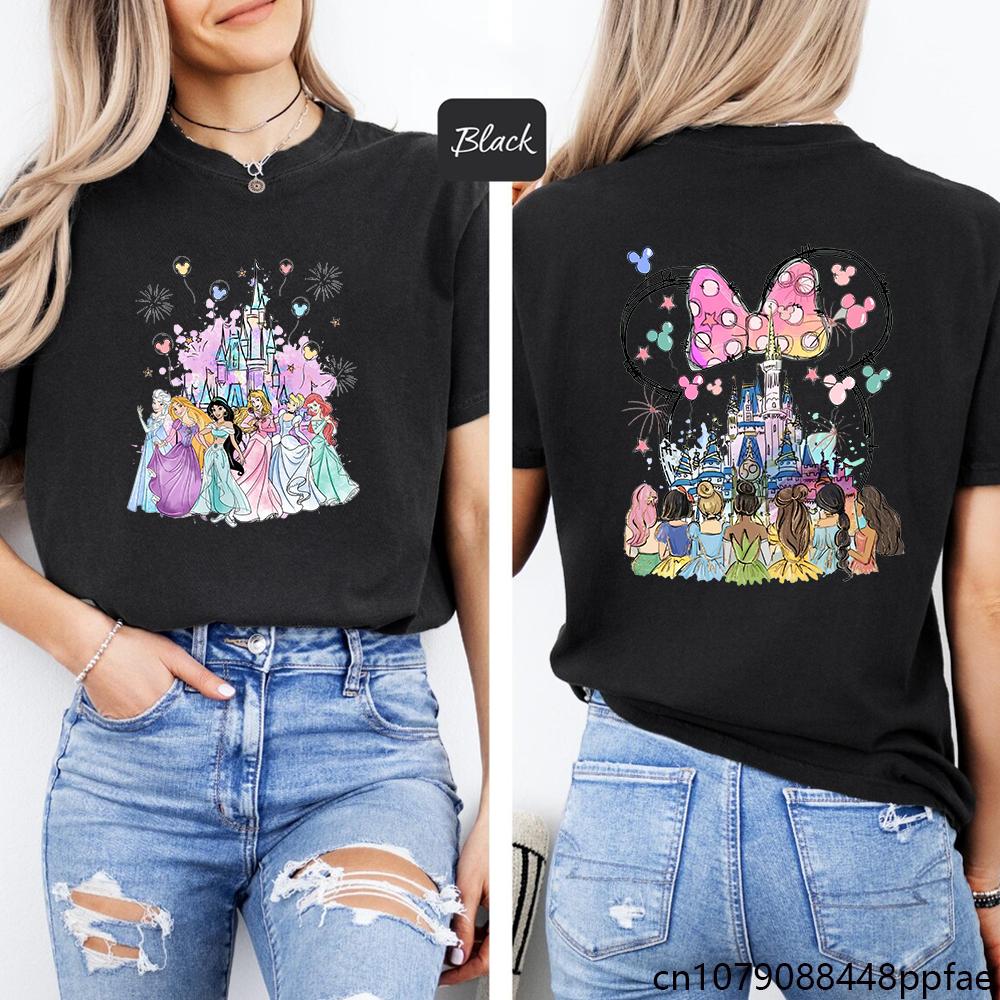 Women's Fashion New Cute Disney Princess Printed T-Shirt Disney Castle Shirt Cute Minnie Head Shirt