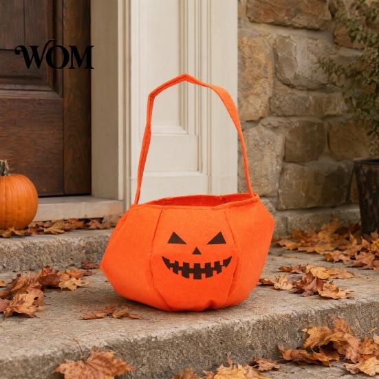 Flexible Hand Strap Bag Halloween Pumpkin Candy for Kids, Small Trick or Treat Bucket, Party Favor Soft Face Basket with Handle Decoration Stiff Tote