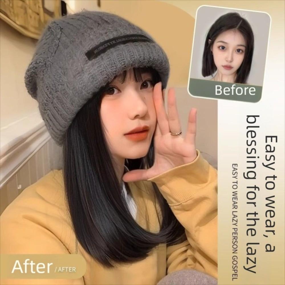 14 inch Beanie Hat Hairpiece Knitted Cap Warm Ski Hat Wigs for Autumn and Winter