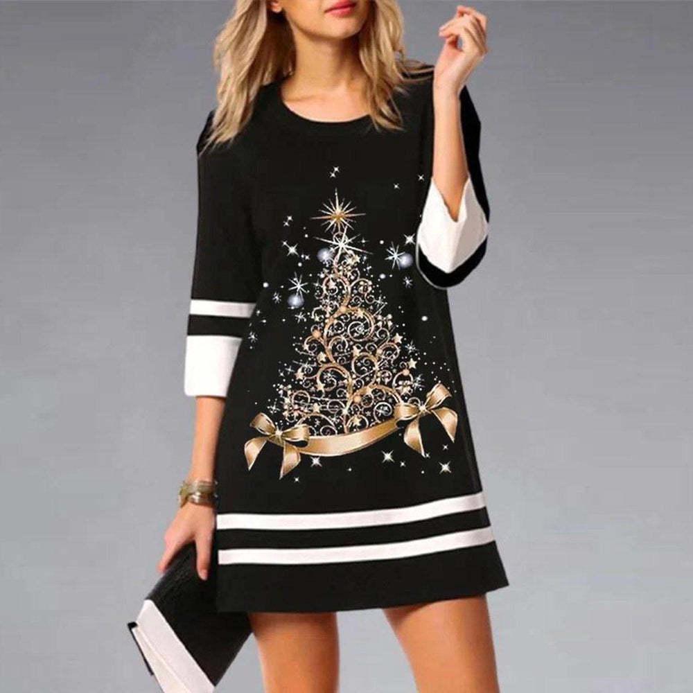 2026 Women's Christmas Print 3/4 Sleeve Mini Dress