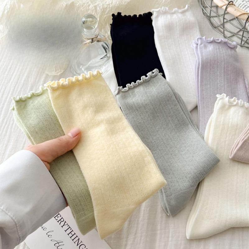 Boneless Socks for Women, Summer Thin Mesh Breathable Pile Socks, Black Fungus Edge Mid-calf Socks, Loose Lace Postpartum Socks for Women