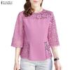 Women Casual Lace Crochet Splice 3/4 Sleeve Loose Blouse