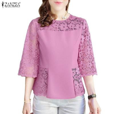 Women Casual Lace Crochet Splice 3/4 Sleeve Loose Blouse
