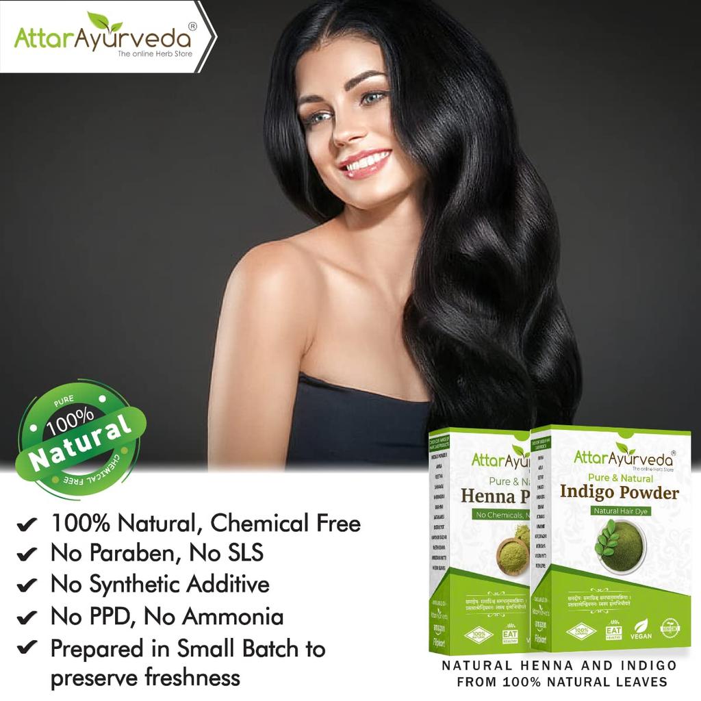 Attar Ayurveda Natural Hair Color Powder Kit Henna Indigo Combo Pack For Black Brown Shades Chemical Free Hair Dye 200 G X  Pack of 2