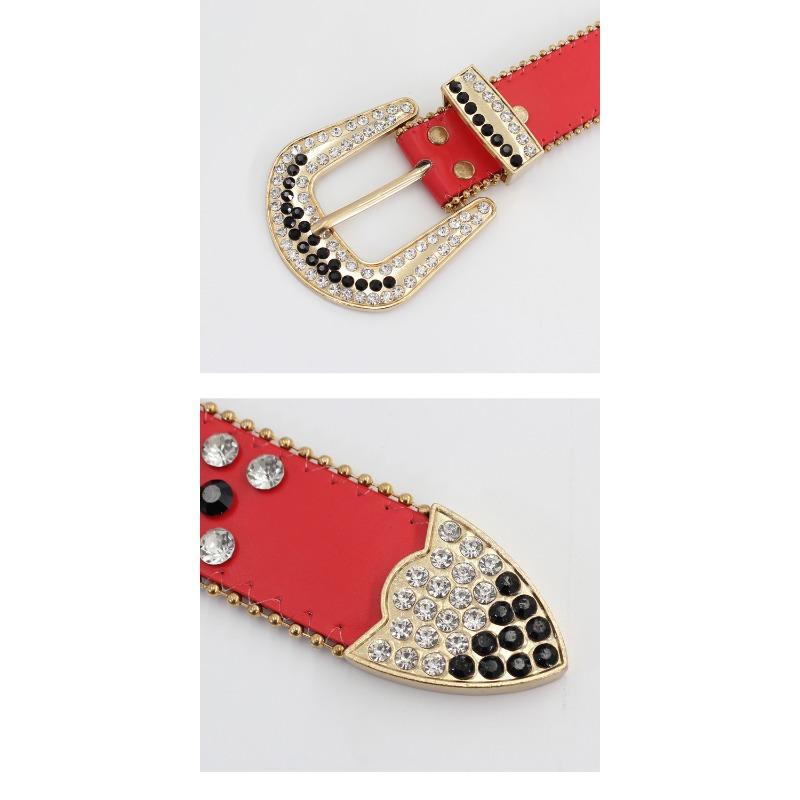 Meimeier Women's rhinestone embellished pin buckle three-piece set: denim belt, luxury red fashion wide waist belt