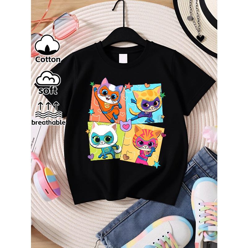 European Sizes Super Cat Heroes Adventure Girls T-Shirt Soft & Comfortable Everyday Top, Suitable for Home, Outdoor, and Sports Activities