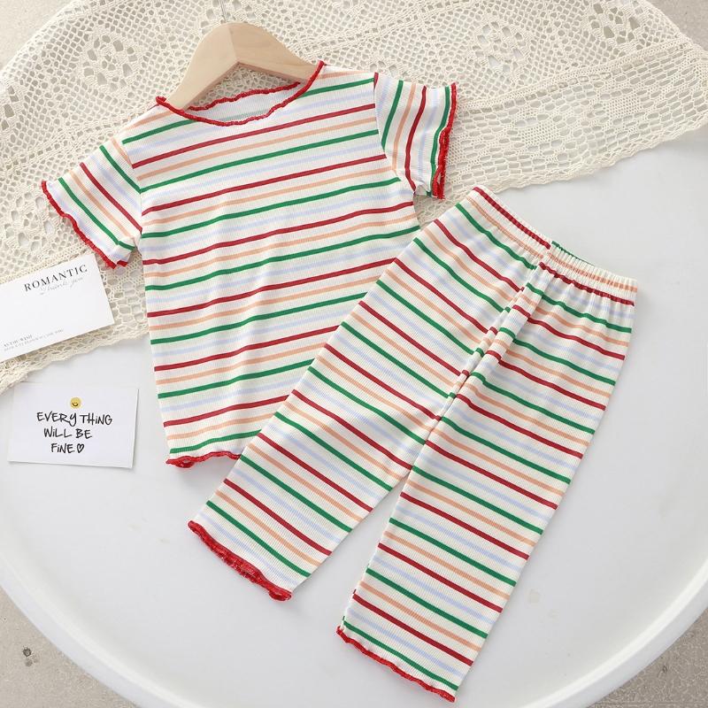 

2Pcs/Set Korean Version of Summer Girls Short Sleeved Top Suit Comfortable Air Conditioning Suit Baby Girl Ice Silk Polka Dot Home Clothes 80