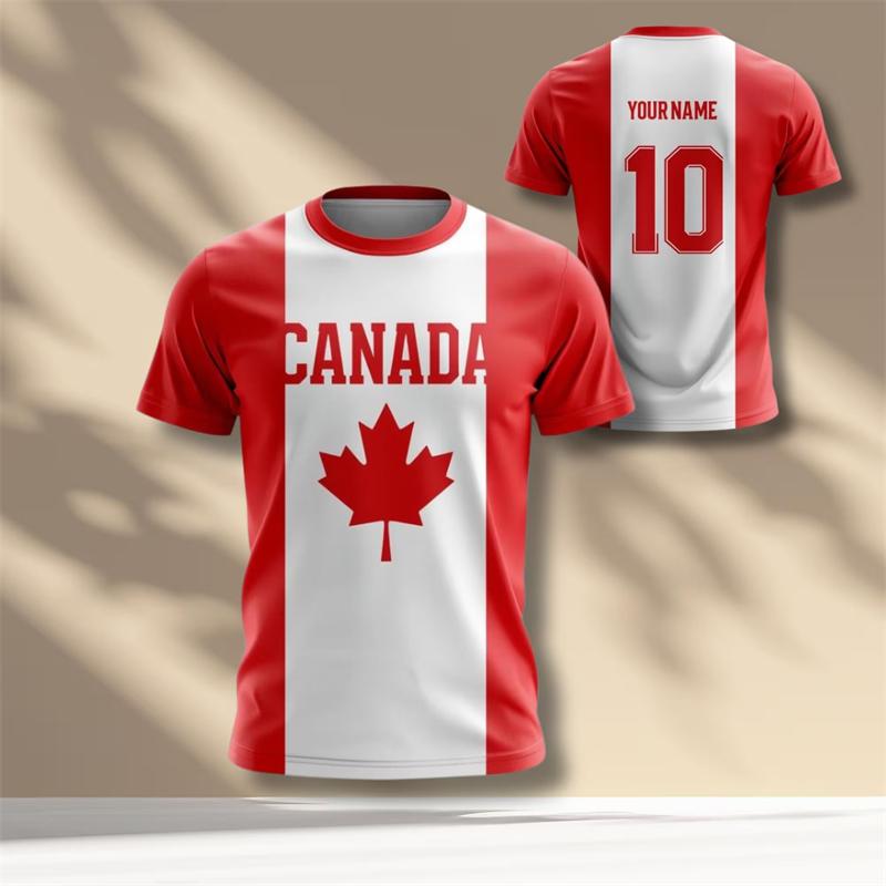 Red Maple Leaves Print Design Canada Football T-shirt Unisex Round Neck Breathable T Shirts Custom Name Number Sport Quick Dry