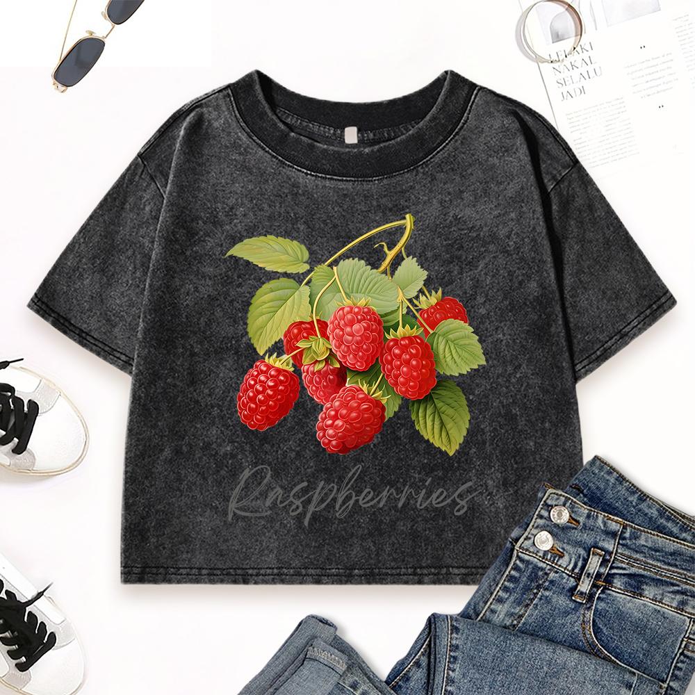 Fresh Red Raspberries Print Female Washed Crop T Shirts Summer Cotton Streetwear Fitness Vintage Top T-Shirt
