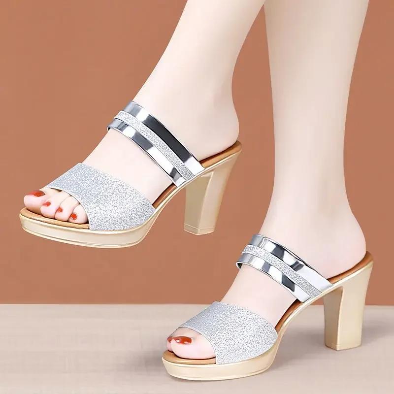 Small Size 32-43 Gold Silver Bling Wedding Shoes Summer Women's Platform Slippers 2025 Block High Heels Slides Office Model