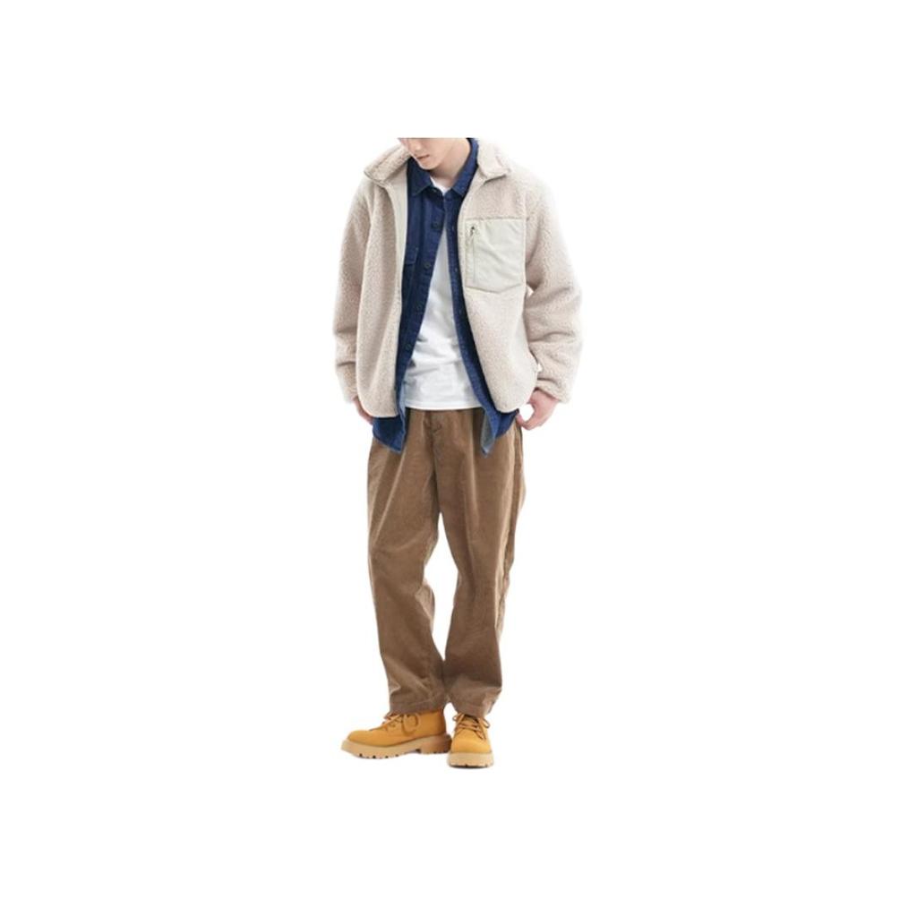 UNIQLO Solid Color Pocket Design Spliced Straight Leg Zipper Drop Shoulder Stand Collar Fleece Jacket Unisex jackets Beige 460331-31