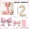 5pcs DIY Bow Birthday Balloon Set, 32inch Milk White Number Balloon, Pink Bow Balloon and Pink Mesh, Birthday Party Decoration