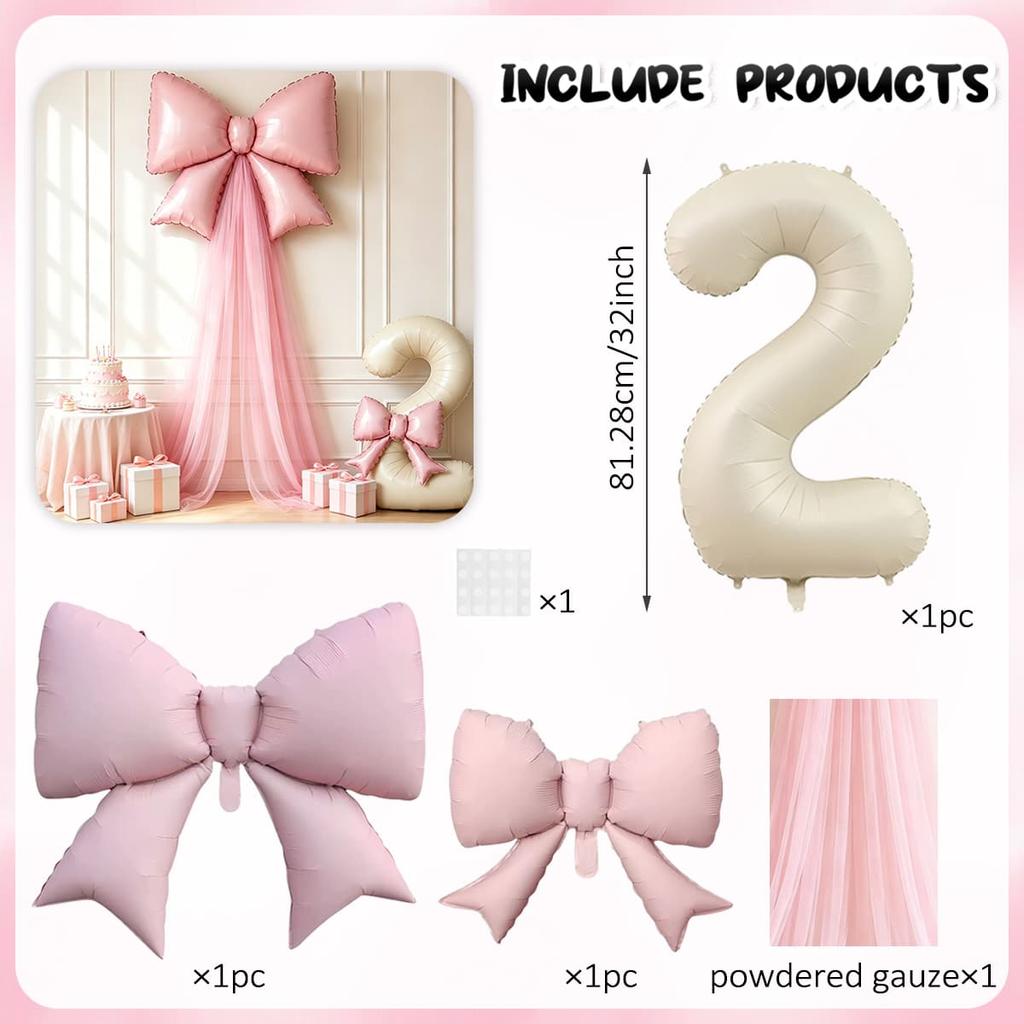 5pcs DIY Bow Birthday Balloon Set, 32inch Milk White Number Balloon, Pink Bow Balloon and Pink Mesh, Birthday Party Decoration