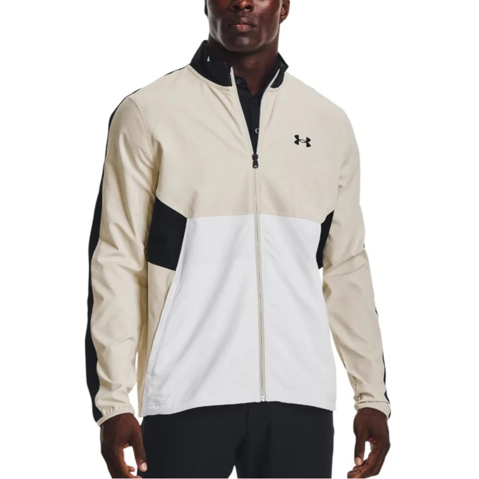 Under Armour Retro Sports Stand Collar Color Block Zipper Fitted Long Sleeve Jacket Men jackets Beige 1370157-110