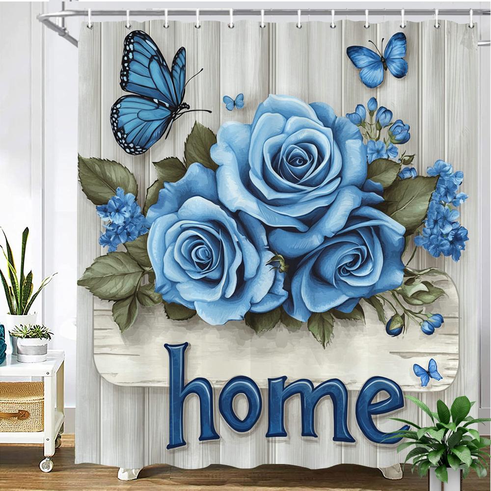 

Beautiful Blue Rose Flowers Butterfly Pattern Printed Fabric Shower Curtain Bathroom Curtain,Home Decoration Curtain With Hooks W60H190(CM)-1 Pcs