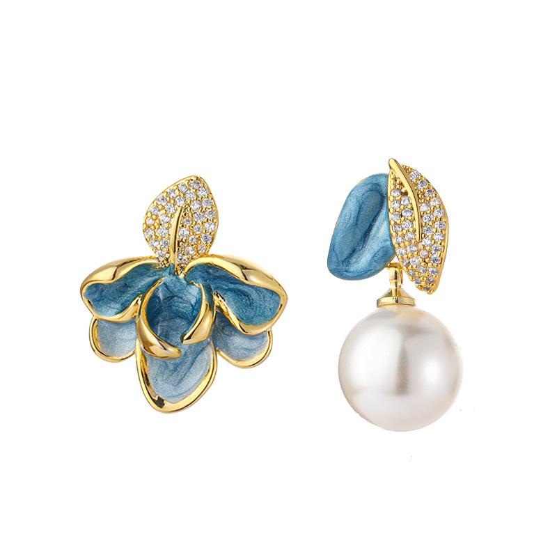 

able Asymmetric Pearl Imitation Floral Leaf Earrings Vintage Court Style New Spring Summer High Quality Jewelry Gift 2025 Blue