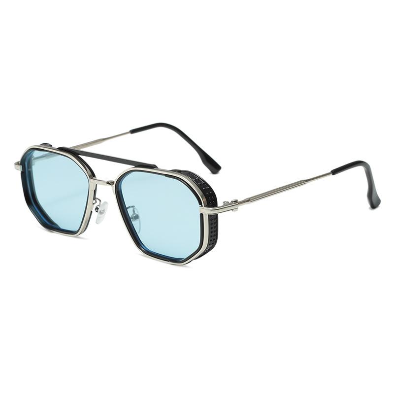Double beam metal punk sunglasses men's, women's retro ins style European and American ink polygon personalized glasses
