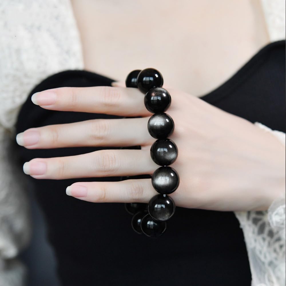 7A Natural Stone Prayer Silver Obsidian Bracelet with Obsidian and Double Natural Stone Power Stone Amulet Charm for Good Luck and Protection from