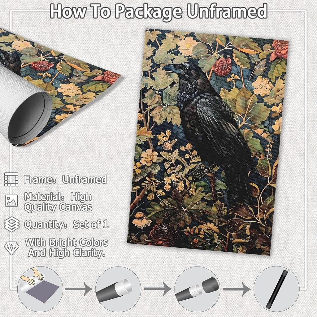 Generic Vintage Black Crow William Morris Wall Art Canvas Print Gothic Cottagecore Dark Academia Decor Office Bedroom Living Room 8x12inch Unframed