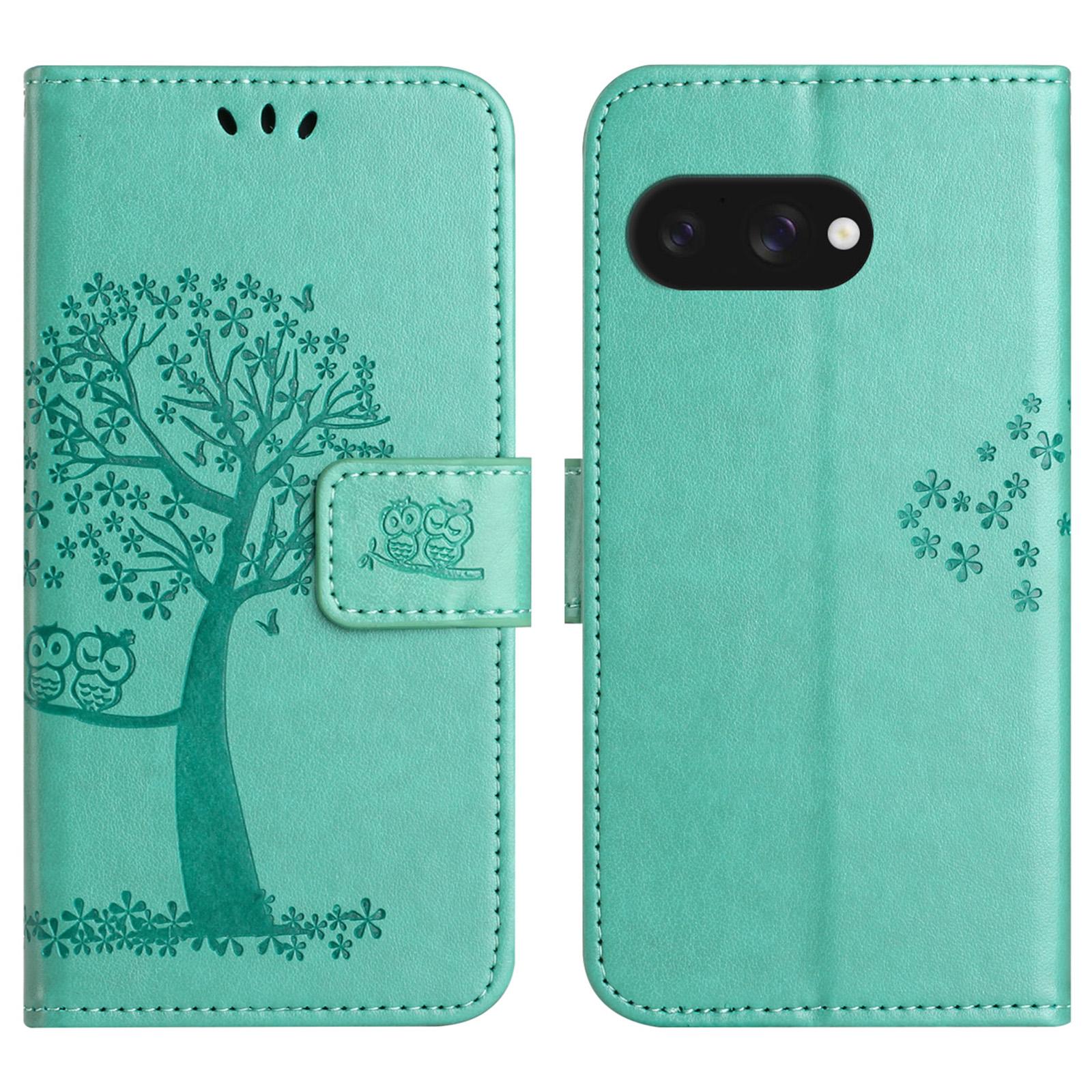 

For Google Pixel 9a Case PU Leather Owl Tree Imprinted Wallet Phone Cover Cyan