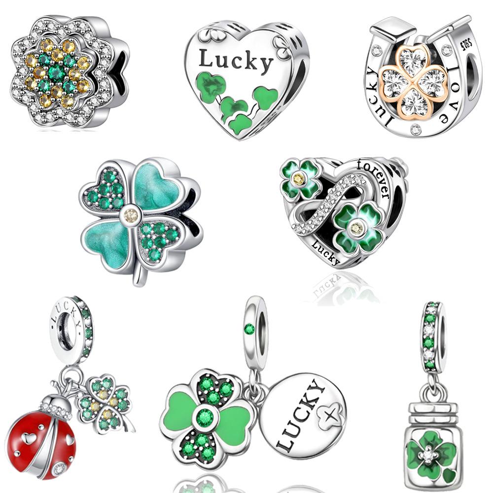 S925 Silver DIY Fashion Four Leaf Clover Beaded Jewelry Accessories Lucky Pendant