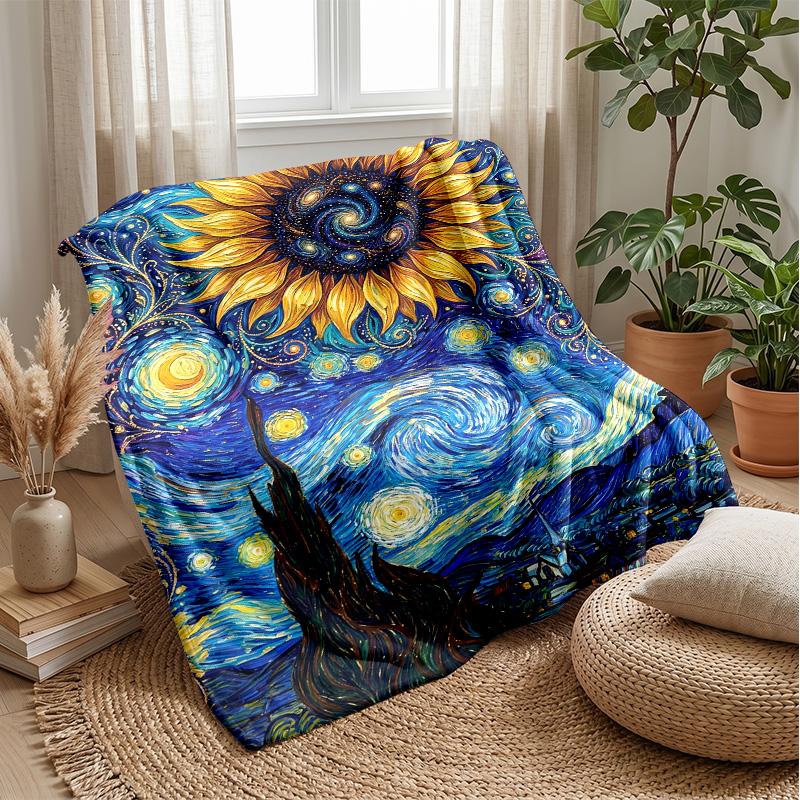 Sunflower Starry Night Theme blanket Lightweight Warm Flannel Blanket Decorative Throw Blanket for Home Decoration