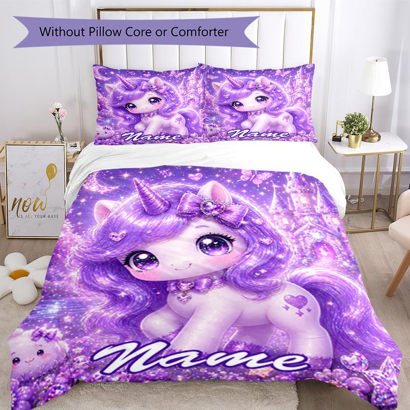 3pcs Custom Name Unicorn Bedding Set Duvet Cover Closure Includes 1 Duvet Cover & 2 Pillowcases, Soft and Comfortable for All Seasons.