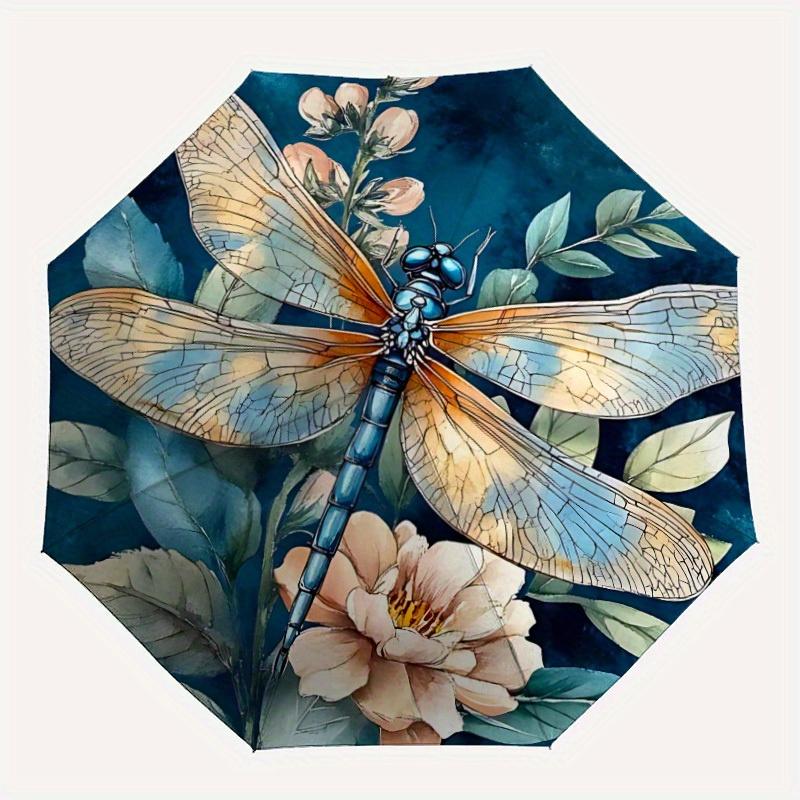 

1pc Dragonfly Floral Compact Travel Umbrella, Automatic Folding Lightweight Windproof 8-Bone Reinforced Design, Portable for Backpack Durabl