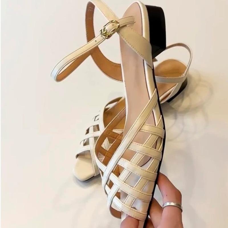 Cowhide version~ French woven hollow pointed open-toed one-word sandals women's new summer thick-heeled Roman shoes