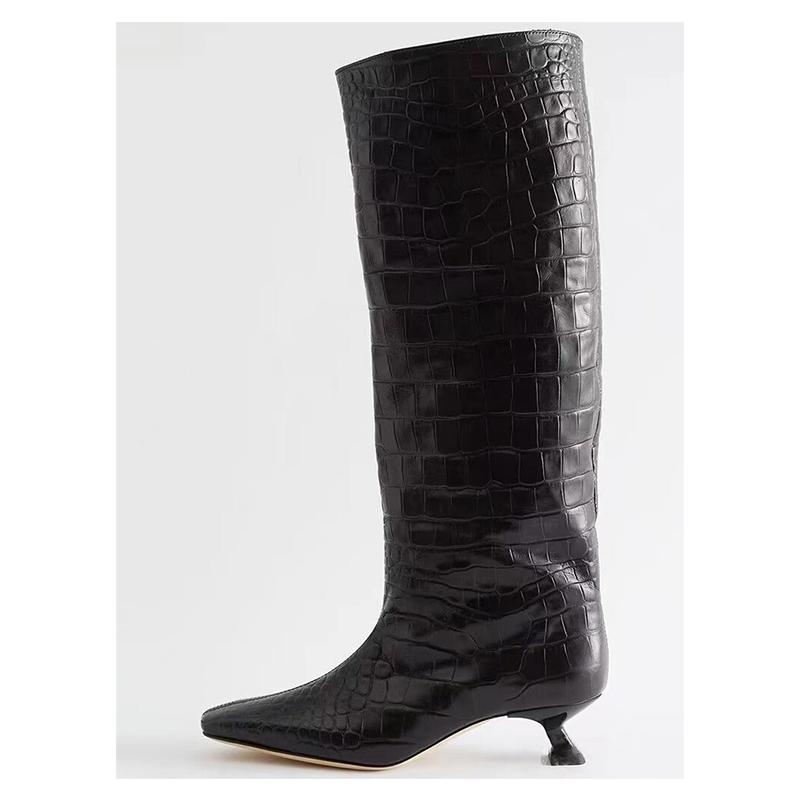 Fashion Brand Snake Pattern Low Heel Women's Knee Long Boots Fashion Stage Show Black Sexy Autumn and Winter Women's Shoes Size 34-43