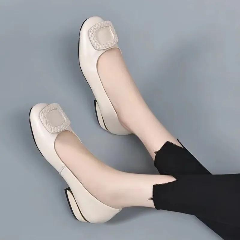 Měkká kůže Pu Leather Dámské Boty na nízkém podpatku Mělká ústa Univerzální Pohodlné Lodičky Hrubé podpatky Dámské Pracovní Malé Kožené Boty