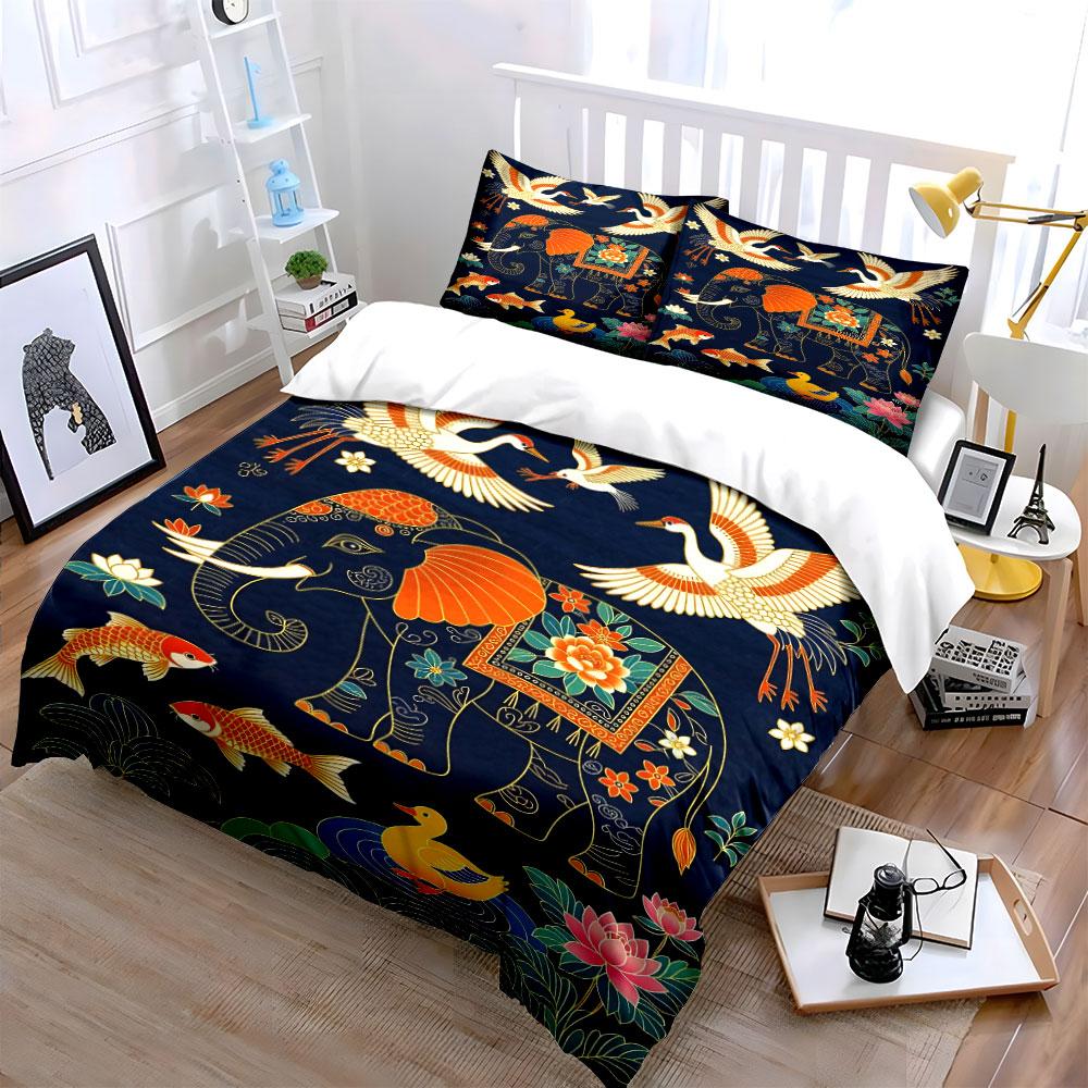 Elephants, cranes, koi fish. Bedding sets Duvet cover sets Duvet covers Pillowcases(1* Duvet Cover 2* Pillowcases without duvet insert)